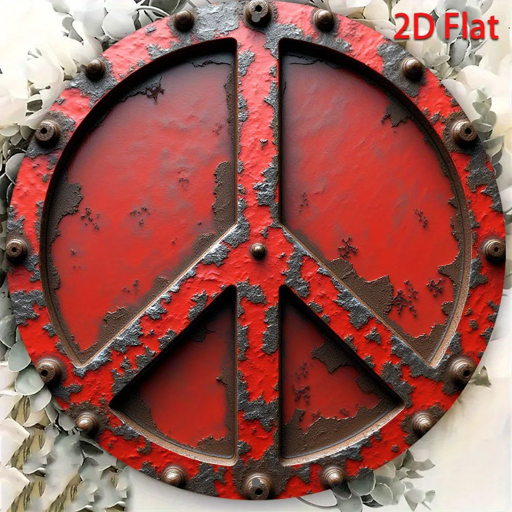 Vintage Rotes Friedenszeichen Wandkunst 8 Zoll Rundes Metallschild mit Schwarzen Bolzenakzenten Rustikales 2D Flaches Design Innen- und Außendekoration