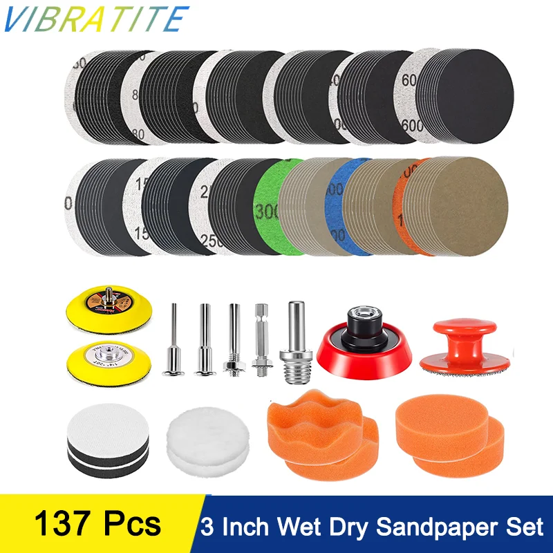 3インチヘッドライト修復キット137個入り、ウェット/ドライサンドペーパー、インターフェースパッド、研磨スポンジ付き、自動車、金属、ガラス、樹脂、木材用