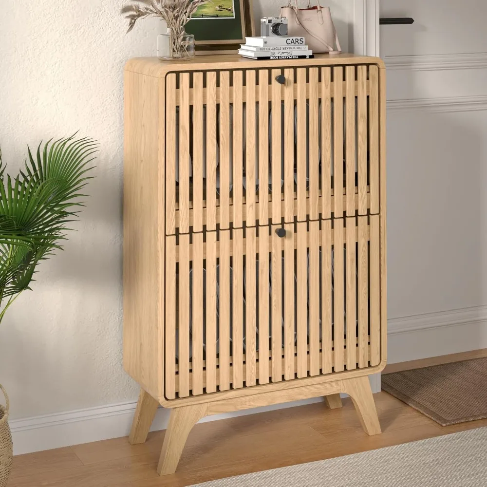 خزانة أحذية رفيعة حديثة للمدخل مع درجين قابلين للطي، رف منظم خشبي مخدد