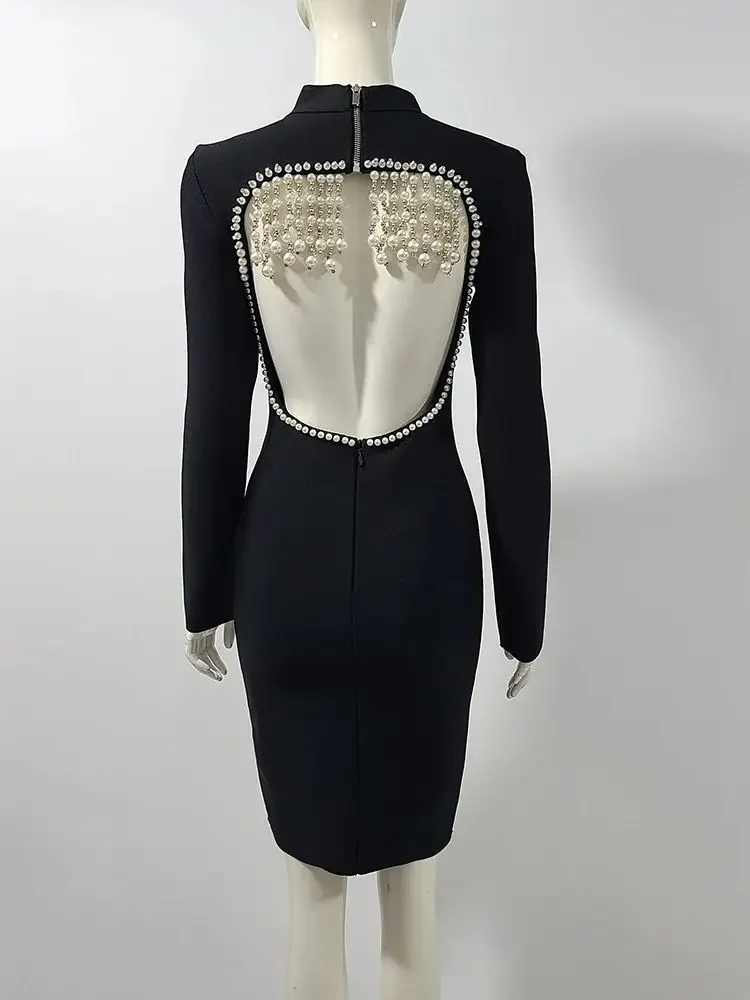 2024 Autumn New Women\'s Black Sexy Long Sleeved O-neck Backless Bead Bandage Mini Dress Bodycon Celebrity Party Evening Dress