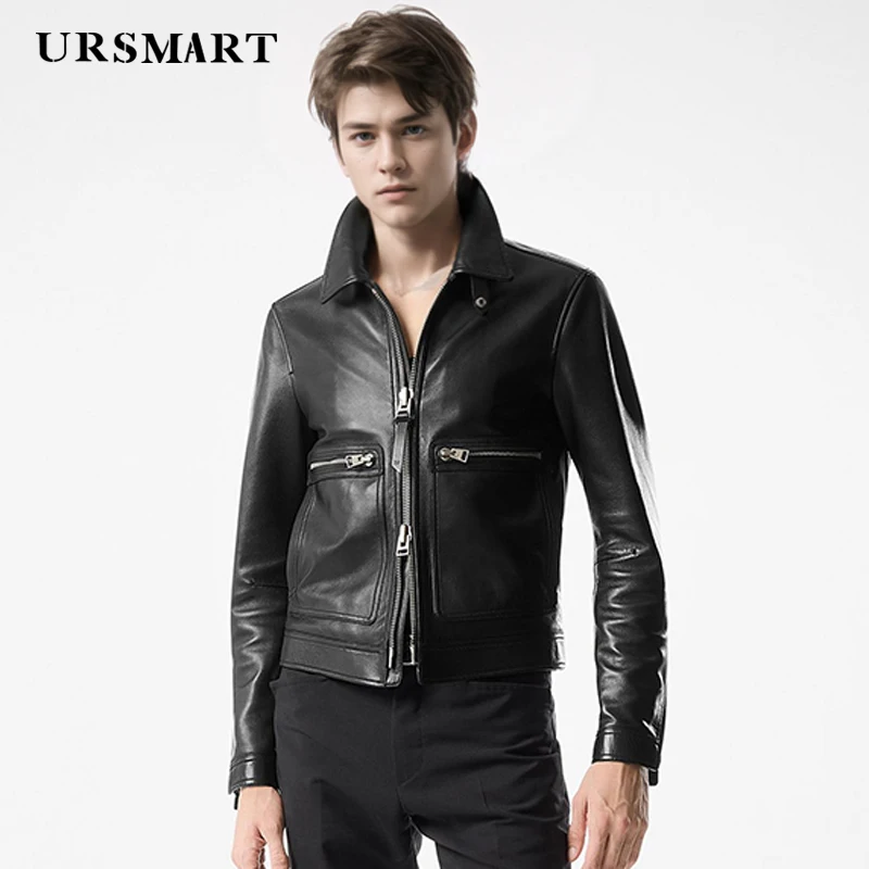 

Men's Classic Black Sheep Leather Jacket - British Fashion Custom Calf Leather Spring/Autumn Collar Coat