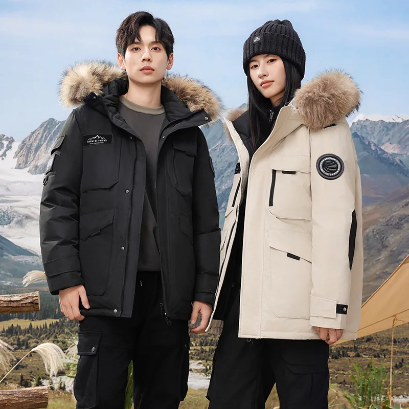 

Fake Fur Collar Winter Outdoor Men's and Women's Down Jackets Medium and Long Couples Tooling Pie Overcome Thickening