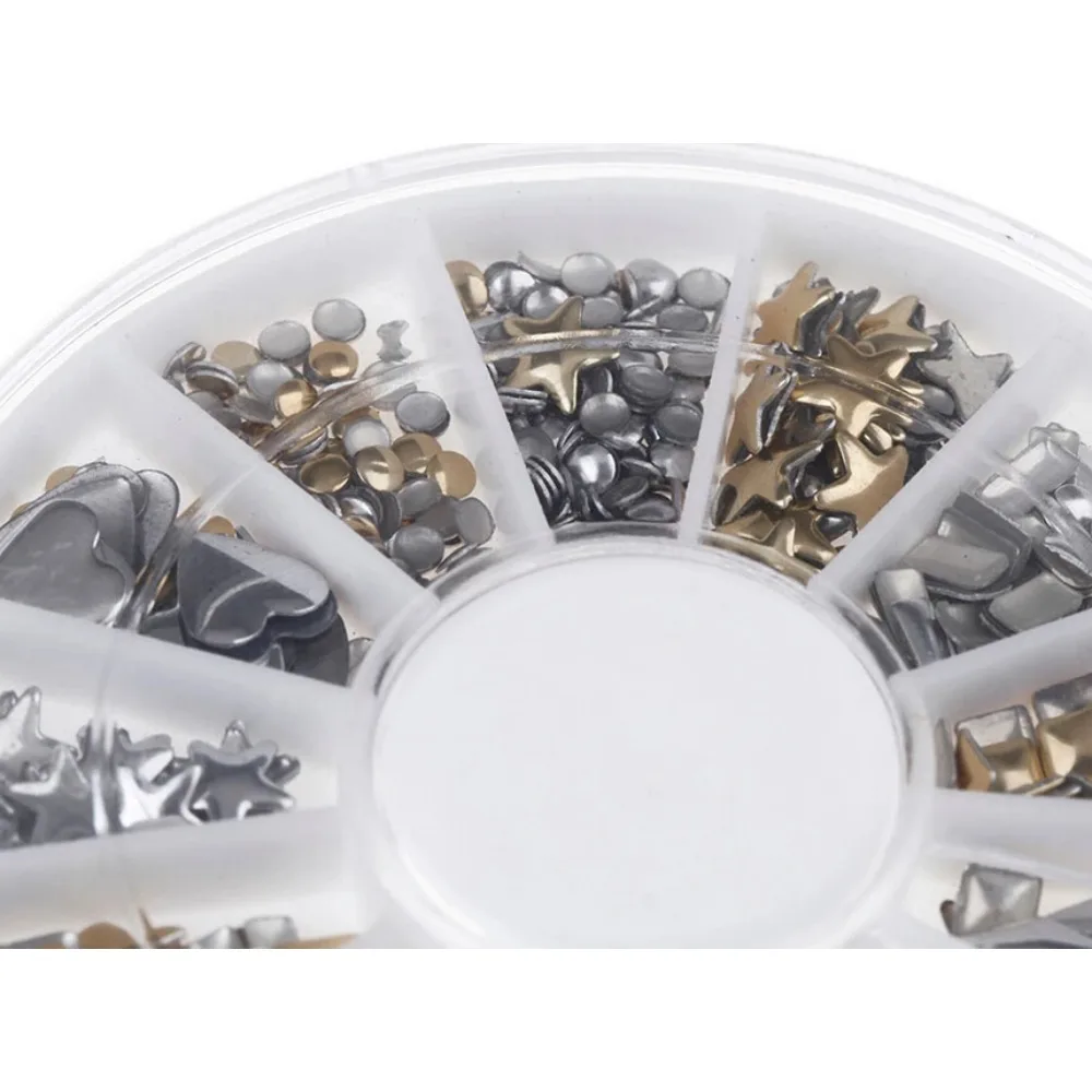 300 Pcs/ Set  6 Styles Silver / 3D Shiny Metallic Luster Nail Decoration Wheel Round Stickers Area Punk Rivet Studs