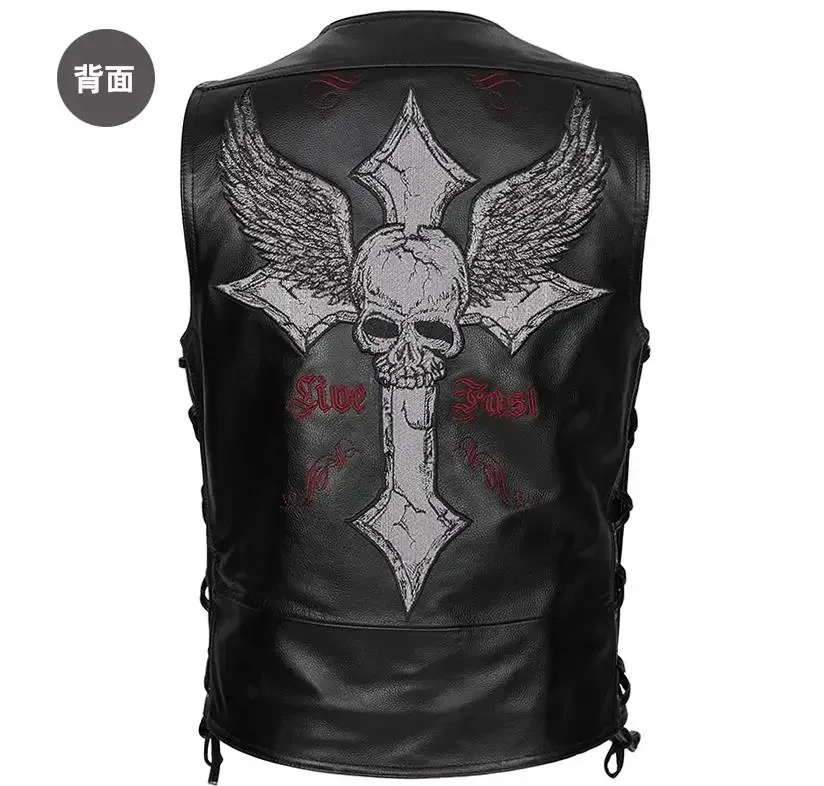 Free shipping.Summer Skull Embroidery cowhide vest.Classic motor rider real leather vests.skeleton brand quality jacket