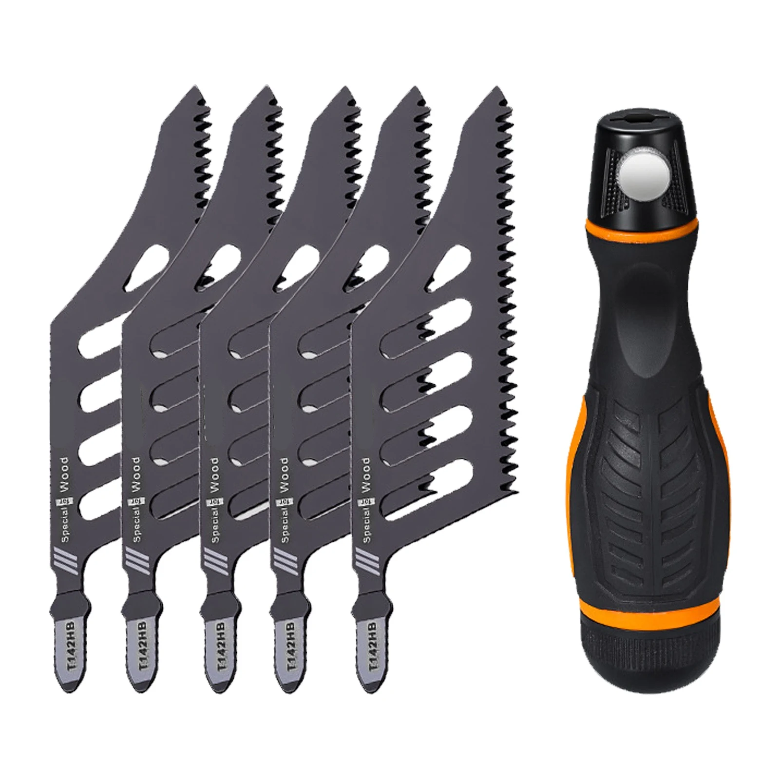 5 Pcs Flush Cutting Jigsaw Blade High Carbon Steel Irregular Curve Saw Blades with Handle for Softwood Fiberboard Plywood