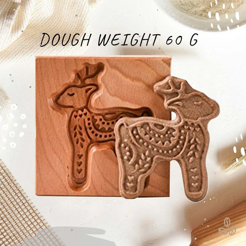 Wooden Cookie Molds, Interesting Cookie Wood Carving Embossing Molds, Holiday Craft Decoration Baking Tools (Deer)