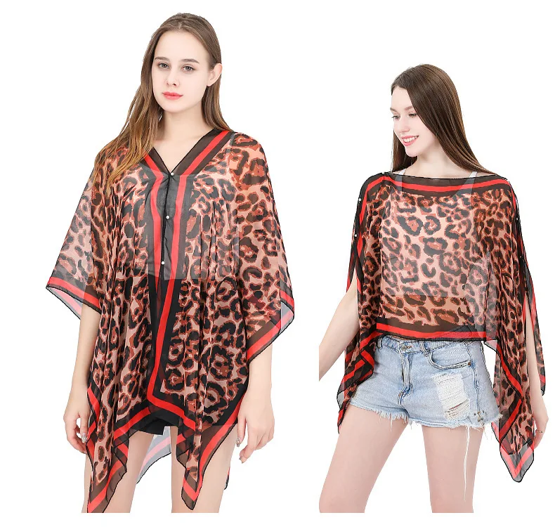 

New Summer Leopard Print Sunscreen Shawl Sunshade Print Sunscreen Shawl Imitation Silk Shawl Cloak Poncho Capes Red