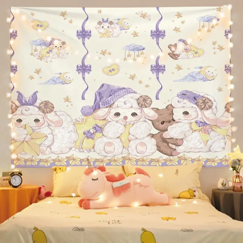 VIKAMA Lolita Girl Afternoon Tea Tapestry Wall Art for Bedroom Living Room Decoration Lace Window Bear Cat Dress Cartoon Warm