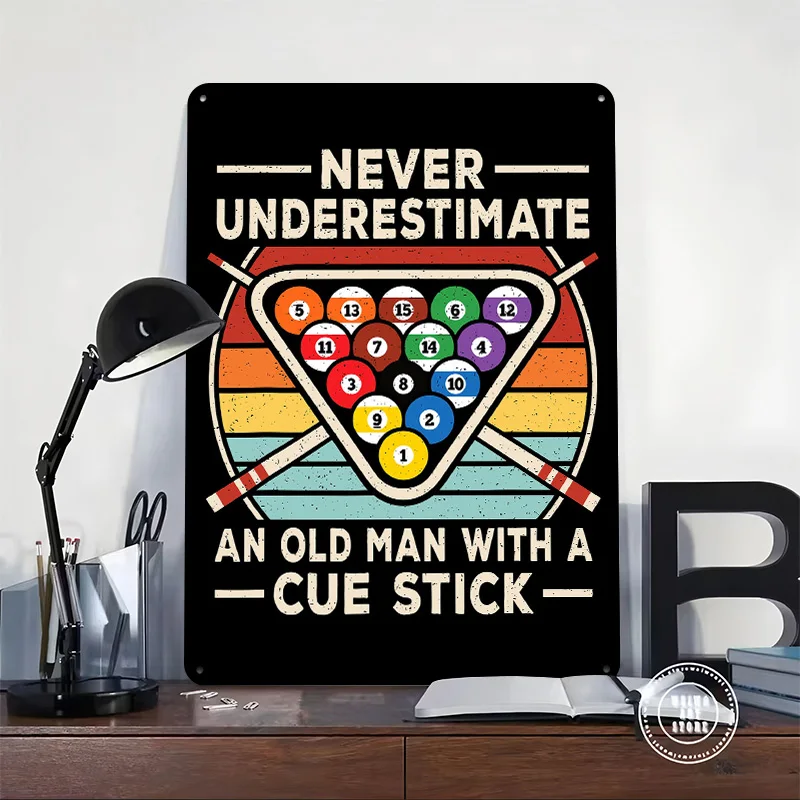 Never Underestimate an Old Man Pool Game Poster Retro 3D Printed Metal Signs Customized Wall Hanging Gift for Decor Luxury House