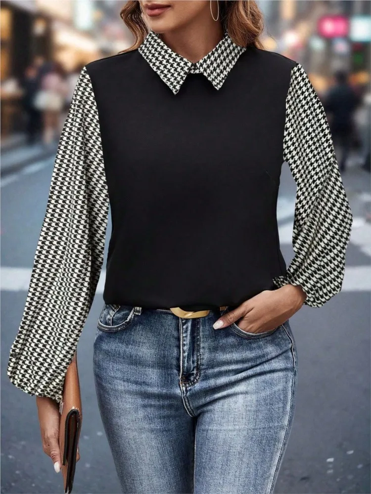 

Классическая полосатая блузка с принтом, женская весенняя новинка, воротник с лацканами, контрастный повседневный топ с длинными рукавами, модная осенняя уличная шикарная рубашка