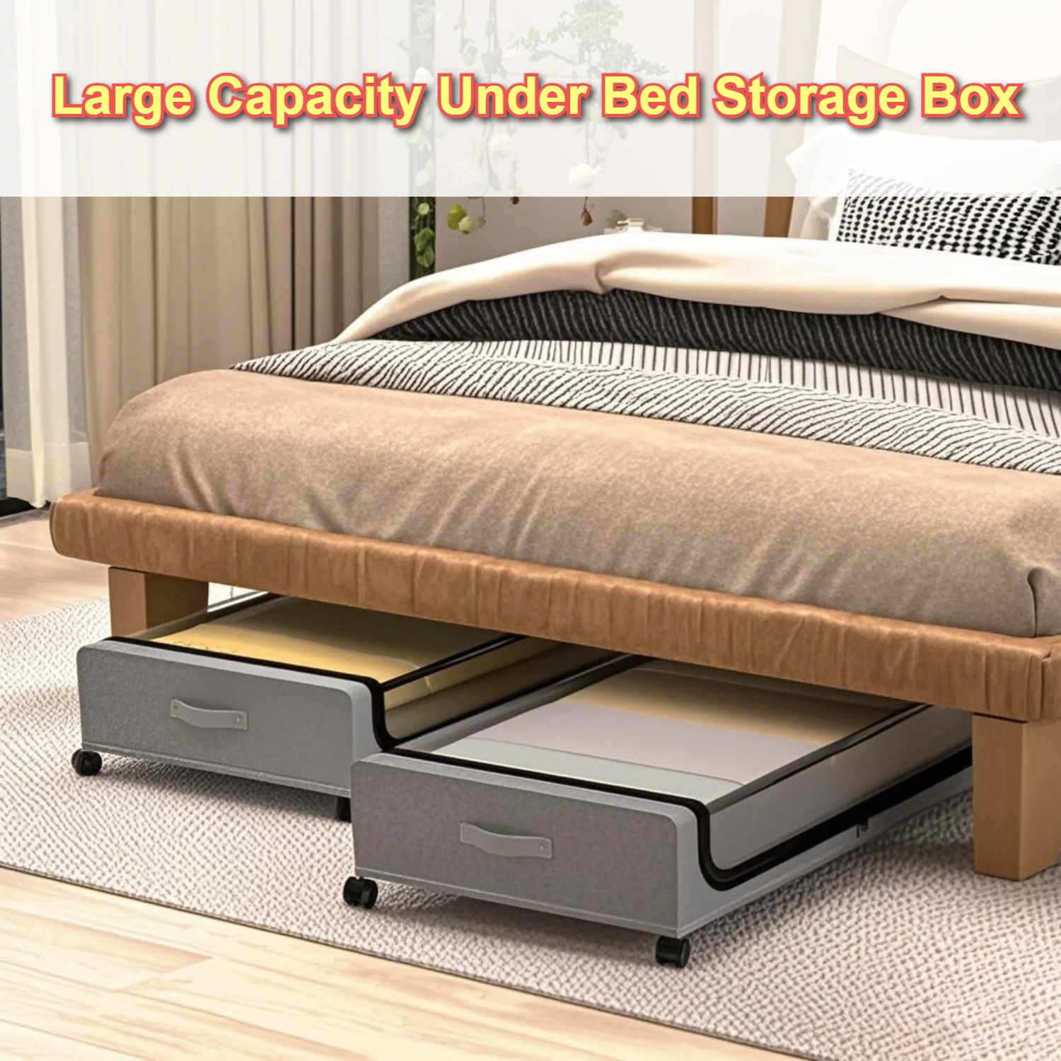 

Большой контейнер для хранения под кроватью на колесиках с прозрачным окном, пылезащитной крышкой и фиксируемыми роликами для одежды и обуви