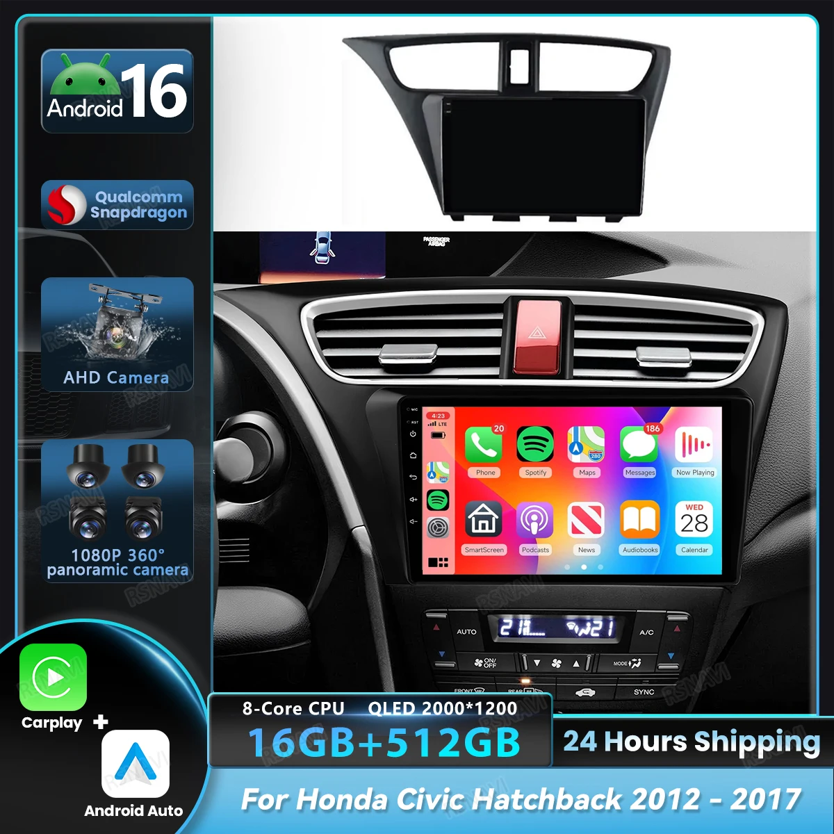 Android 16 Autoradio For Honda Civic Hatchback 2012 2013 - 2017 Carplay Auto Multimedia Car Radio DVD Player WIFi+4G DSP Stereo