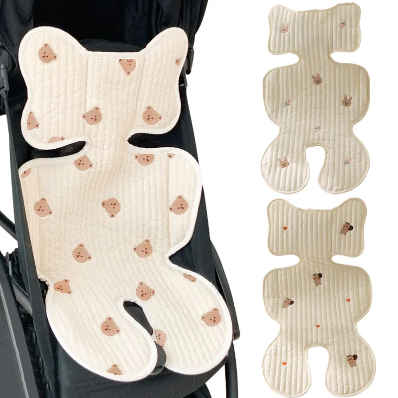 Baby Stroller Seat Cushion Pad Bear Bunny Embroidery All Seasons Cotton Breathable Cart Mattress Infant Newborn Pram Accessories