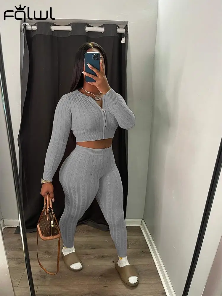 Habbris Gray Zip Ribbing Wool Sweater 2Two Piece Pant Set Party Club Outfits For Women 2023 Fall Winter Long Sleeve Top Pant Set