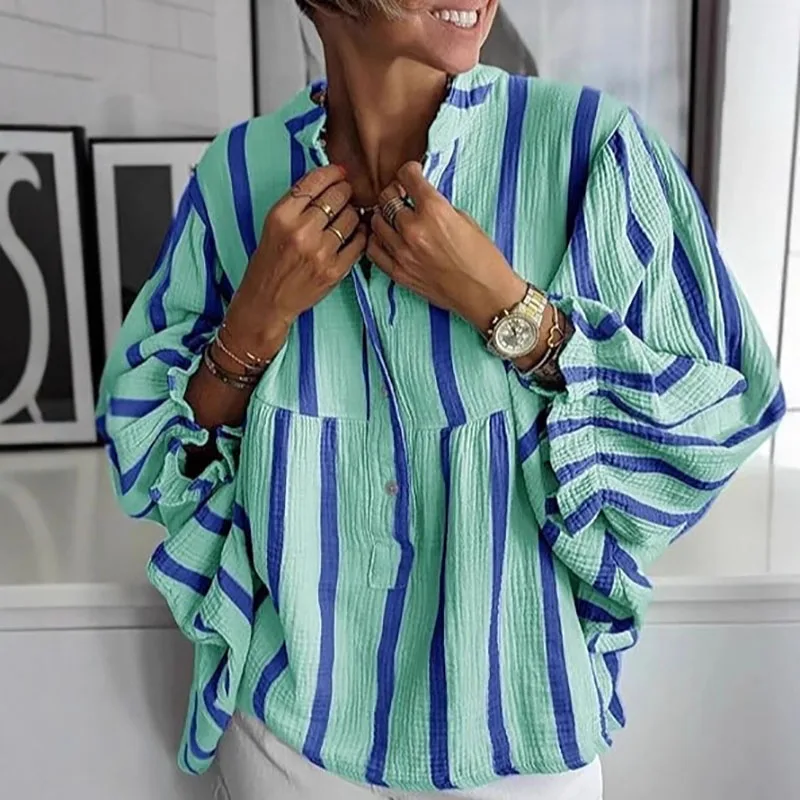 

Autumn Sexy V-neck Button Commuting Shirt Women Casual Puffed Sleeve Loose Blouse Spring Fashion Striped Print Hight Street Tops