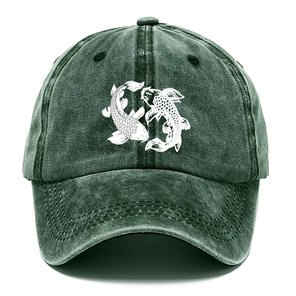 A Water-Washed Baseball Cap Featuring a Yin-Yang Fish Print - an Adjustable Unisex Hat with Traditional Chinese Koi Fish Symbols