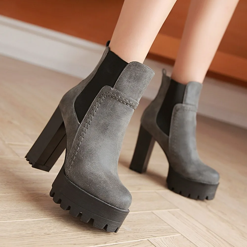 Fashion Ankle Boots for Women Platform Round Toe High Heels Short Boot Female Punk PU Grey Brown Vintage Autumn Winter Shoes