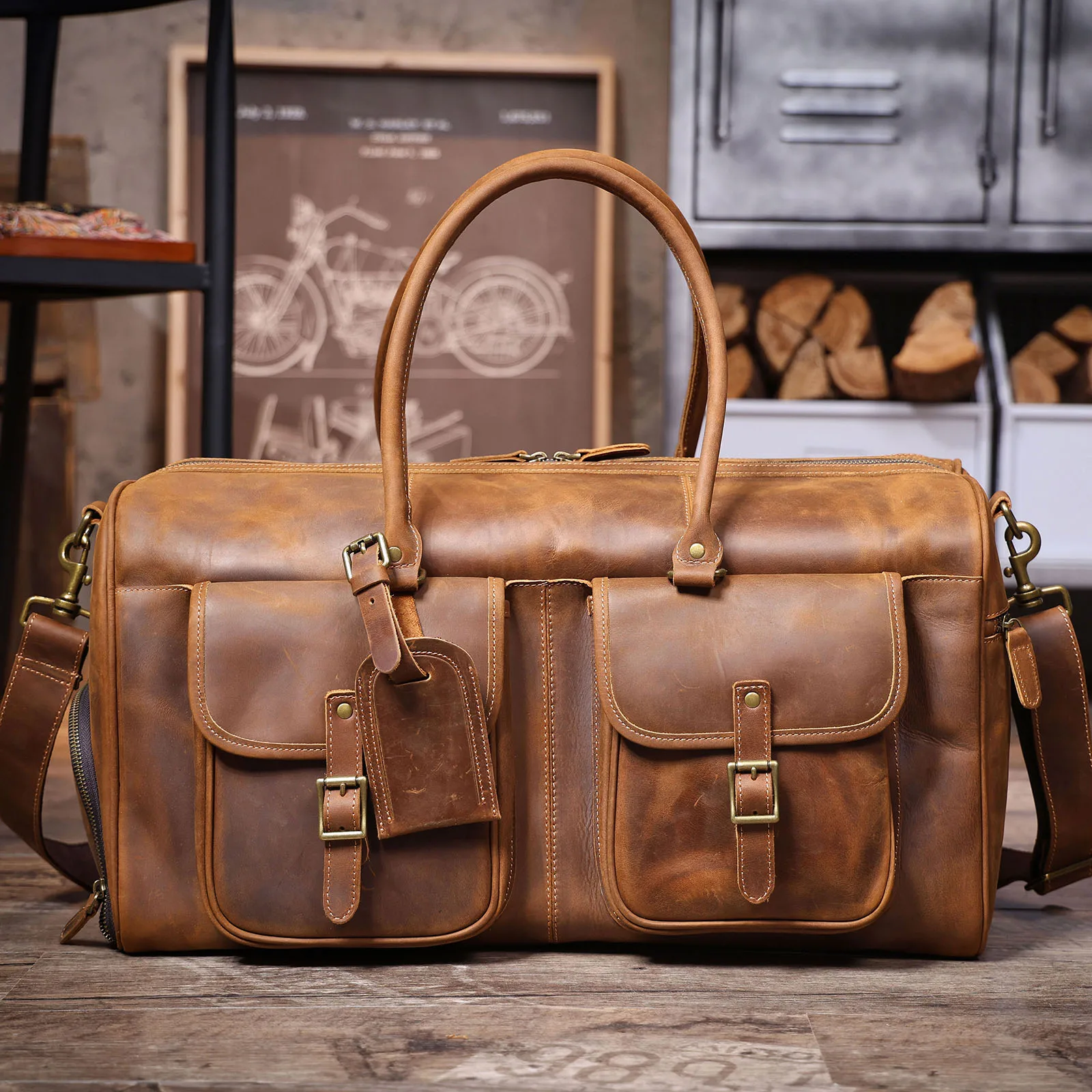 S.WORKER Vintage Echtleder-Reisetasche aus Crazy-Horse-Rindsleder, handgefertigte Weekender-Tasche, Sporttasche – Detail 8