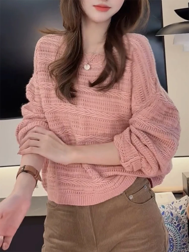 

Ladies' Knitted Hollow out round Ne Sweater Lazy Sle Large Size Versatile Agel Autumn Winter New Arrival Women's Top
