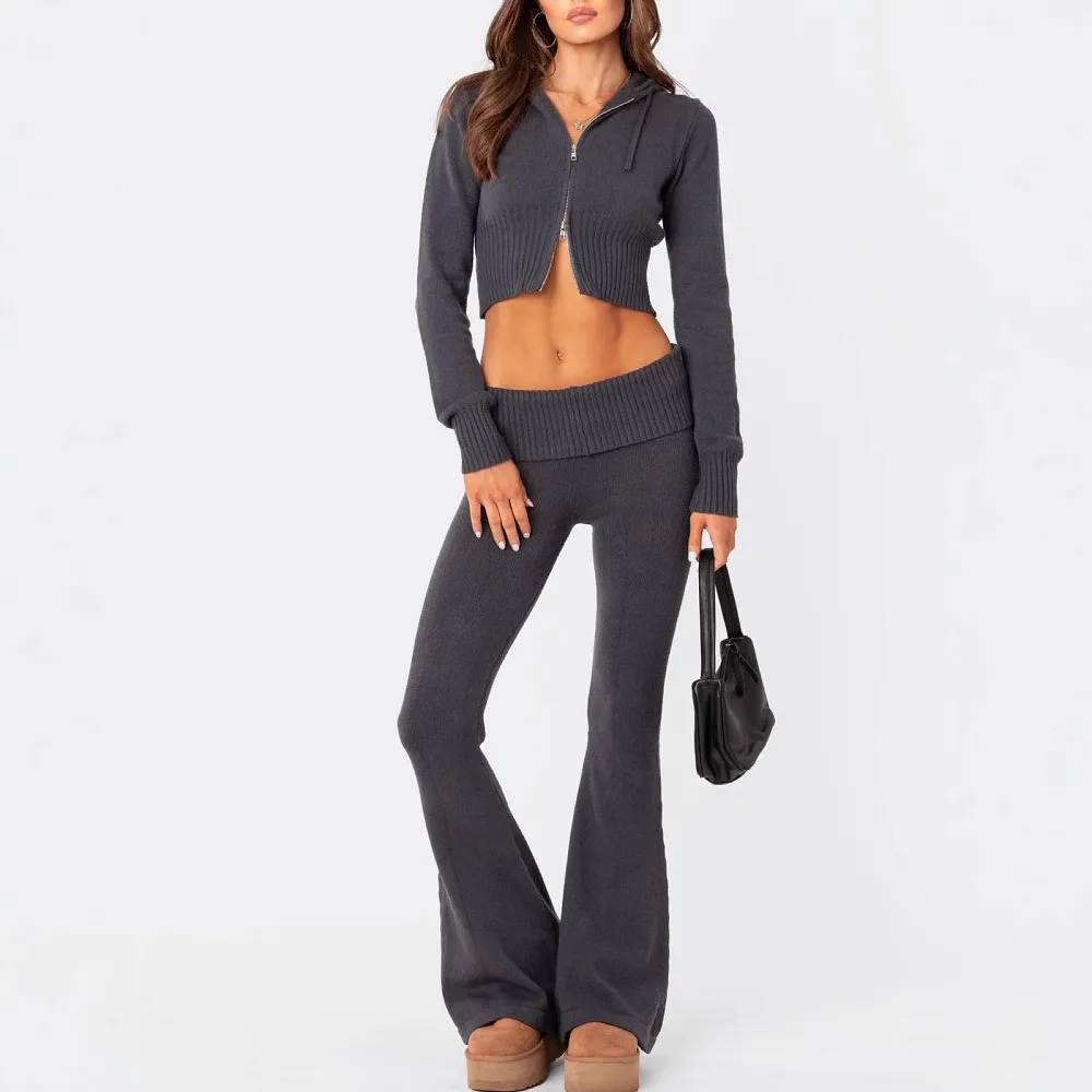 

Elegant Sports Hoodie Wide Leg Pants Suit Spring and Summer Women Trend Solid Color Slim Fit Soft Travel Zipper Top Pants 2Pcs