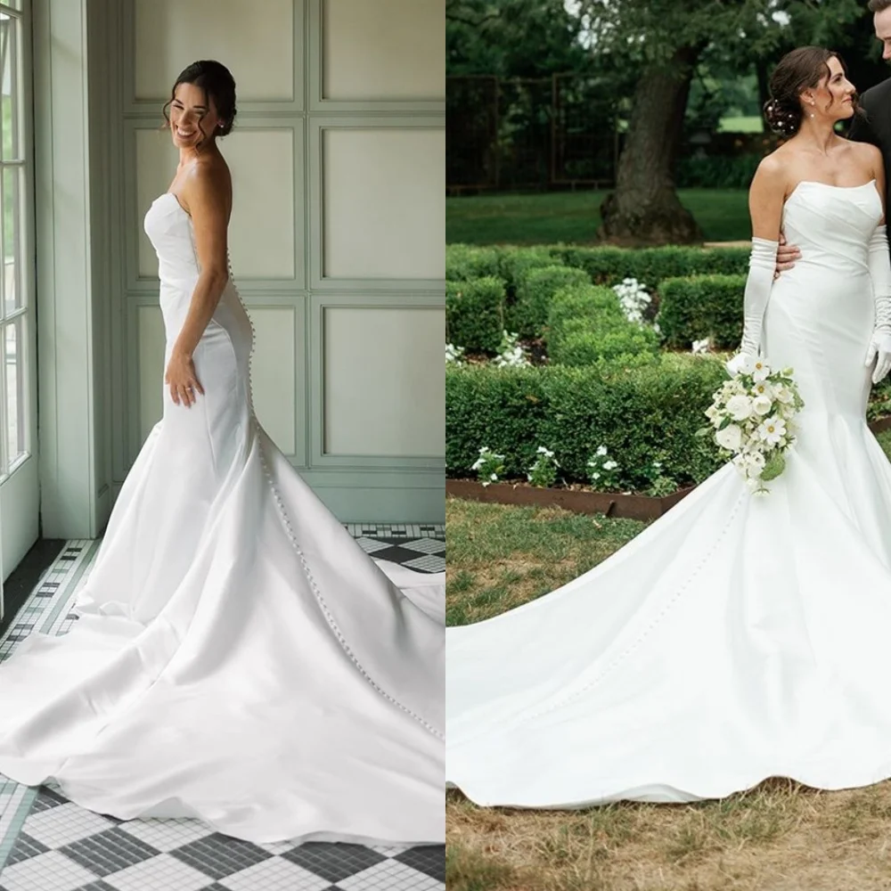 Vestido de casamento de cetim branco puro personalizado, requintado, sem alças, sem mangas, botões românticos, costas, festa de noiva