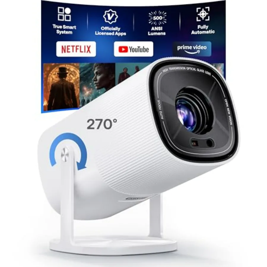 2026 Upgraded Mini Smart Projector with WiFi 6 Bluetooth 270 Adjustable Stand Built-in Officially-Licensed Apps 500 ANSI Lumens