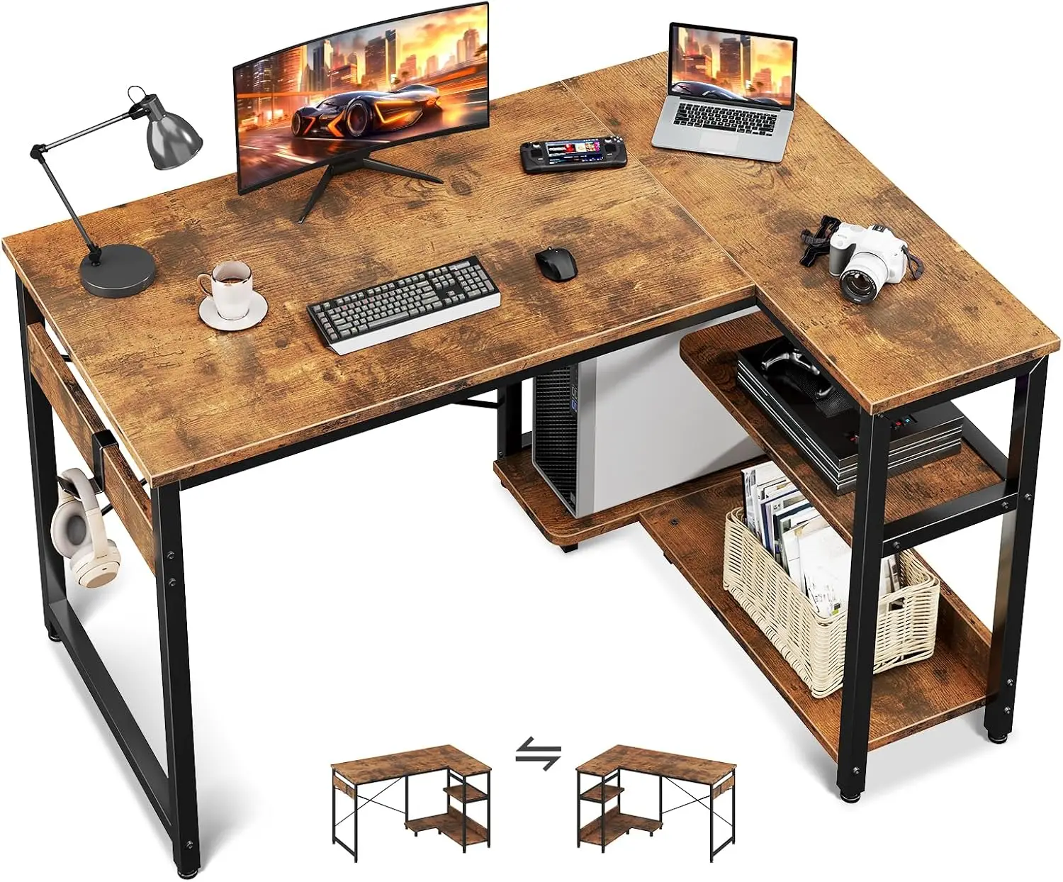 Computer Desk,  Reversible Gaming Desk for Bedroom, Modern Writing Study Table for Home Office, Vintage