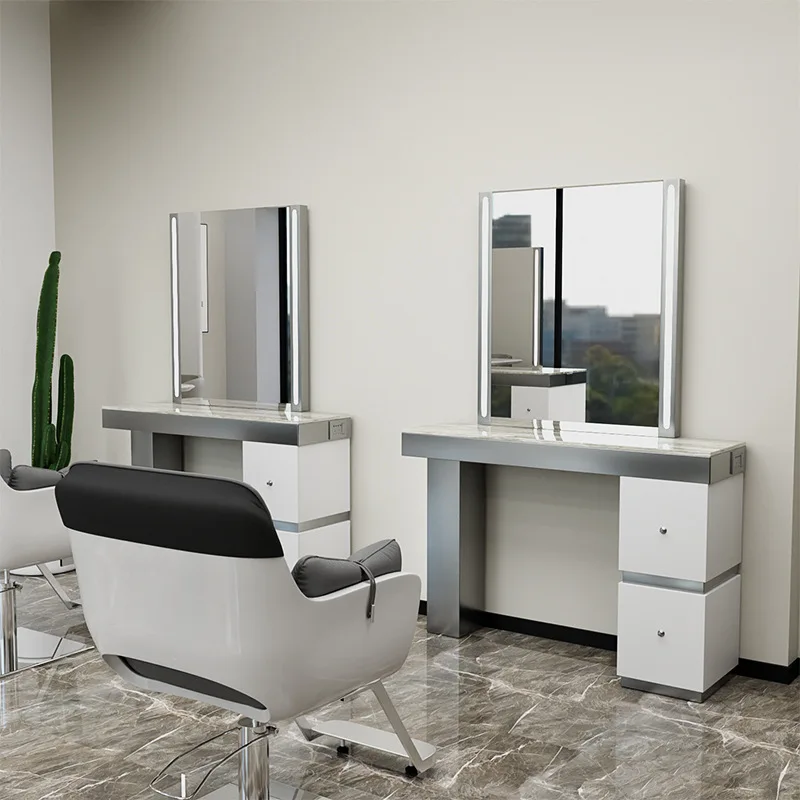 New Design Barbershop Vanity Desk For Makeup With Mirror Light Single Mirror Stainless Steel With Cabinet Beauty Mirror Salon