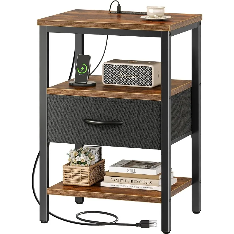 Nightstand with Charging Station,Bed Side Table with Adjustable Fabric Drawer,Night Stand for Bedroom,3-Tier Storage End Table