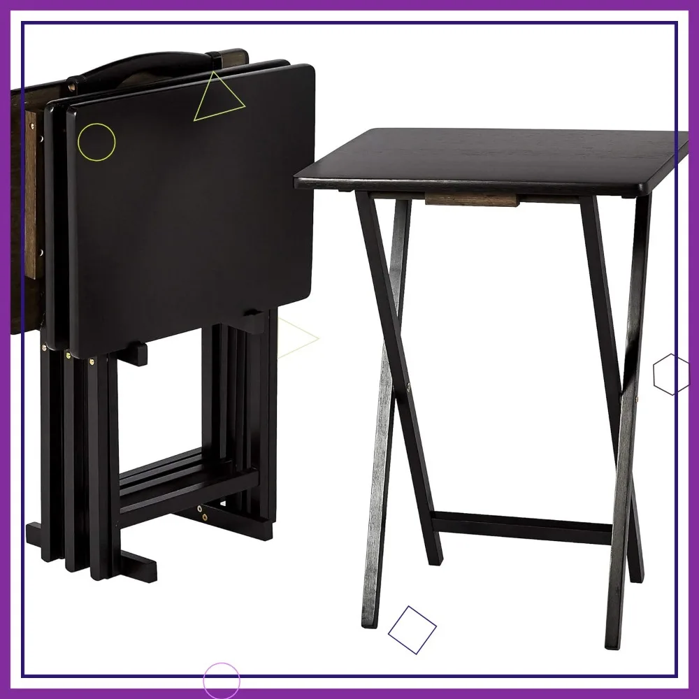 Portable Folding Tray Table Set with Storage Rack, 4-Pack Black Rectangular Design, 15x19x26 Inches