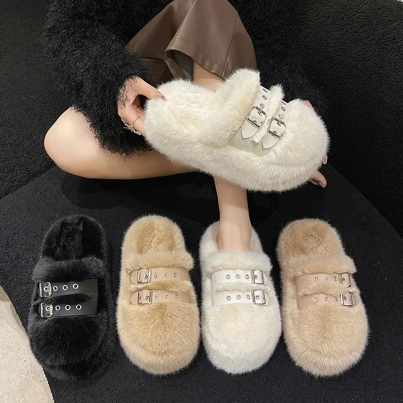 

2024 Autumn and Winter New Super Thick Bottom Baotou Hair Slippers Women Wear Increased Non-slip Cotton Slippers