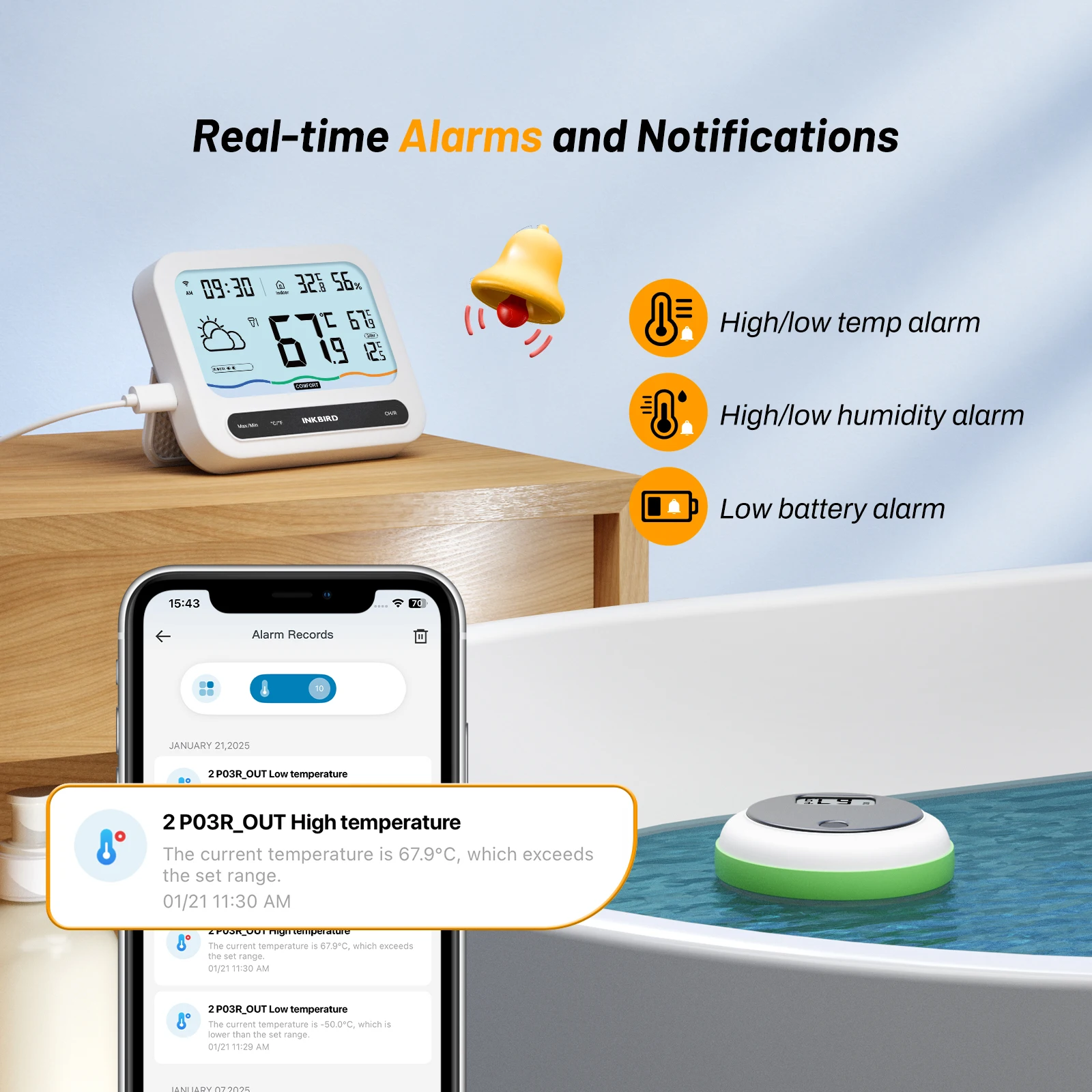 INKBIRD Solar-Pool-Thermometer mit WiFi-Temperatur- und Luftfeuchtigkeitsmonitor, IP68, wasserdichtes Thermometer für Teiche, Whirlpools und heiße Quellen