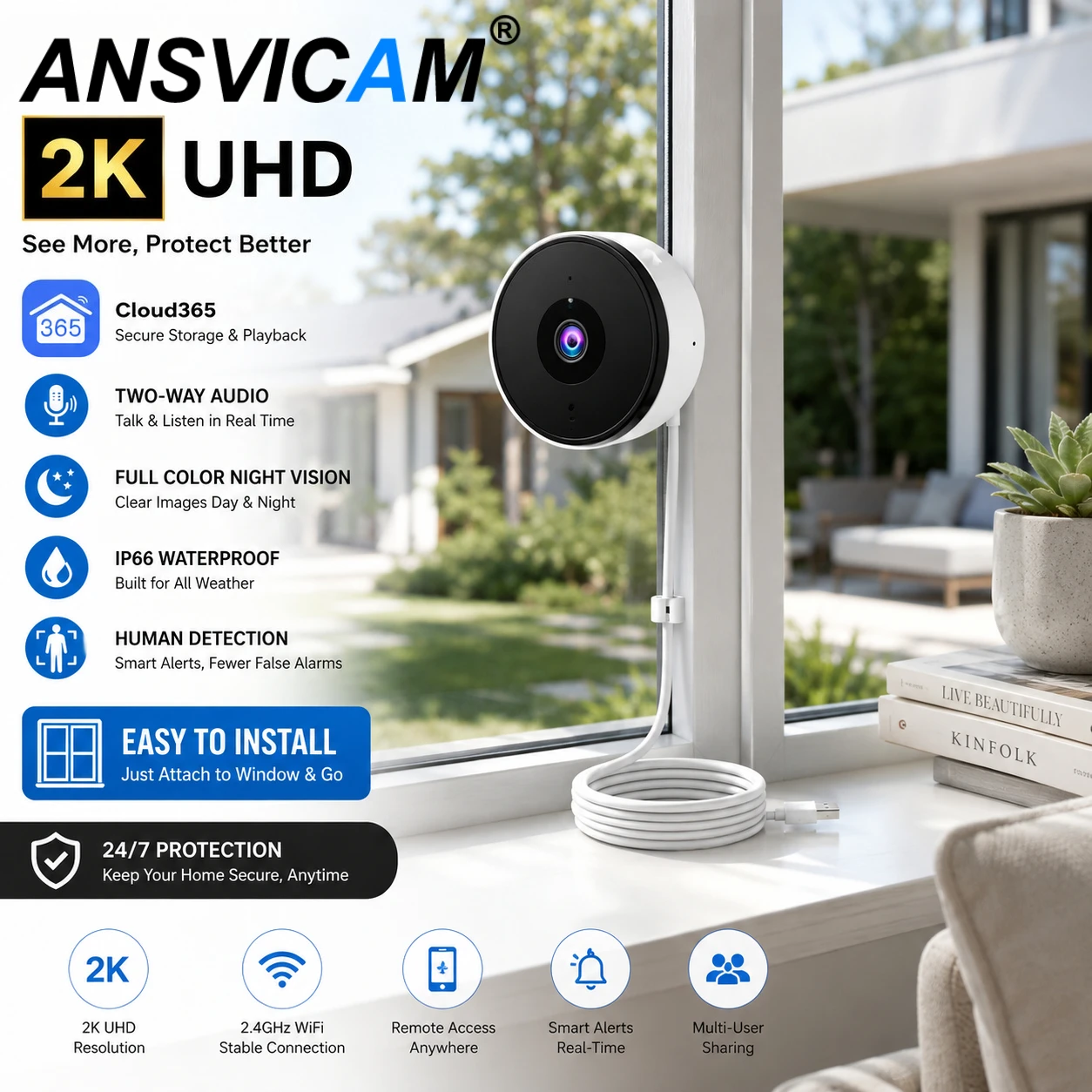 5MP 5GHz WiFi Window Security Camera Indoor Home Surveillance Full Color Night Vision Motion Detection 24/7 Recording