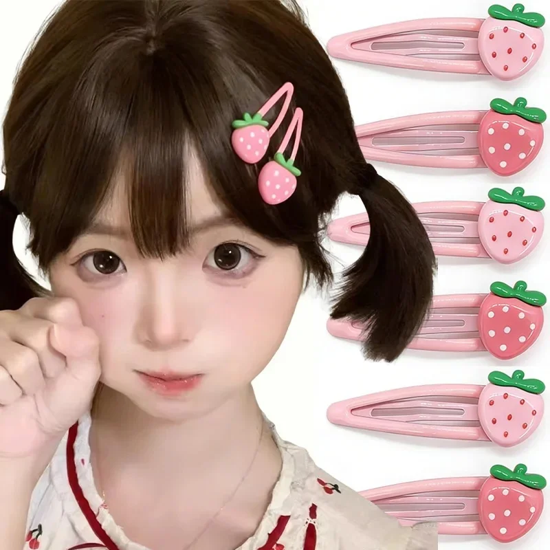 

4Pcs / 6Pcs Cute Strawberry Hair Clip For Girls Sweet Pink Snap Bobby Pin Side Bangs Barrette Y2K Accessories Toddlers Kids Gift