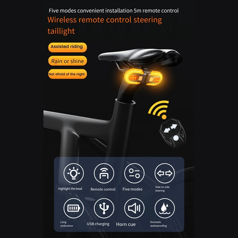 LED Bicycle Remote Control Turn Signal Taillight Waterproof Bike Warning Lamp For Outdoor Cycling Replacement Accessories