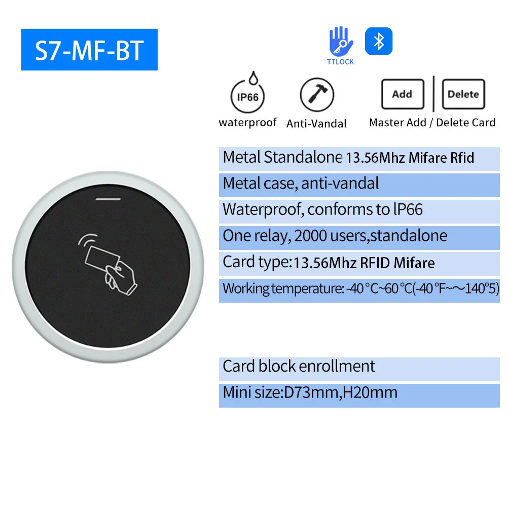 TTLock BT Mini Toegangscontrole 13,56Mhz RFID-lezer S7 Deurslot Kaartlezer Toetsenbord Metaal IP66 Waterdicht Metaal Tijdregistratie