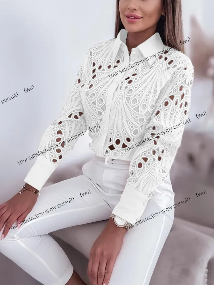 

ZOCI-Spring and Autumn Versatile Scroll Fashion Lace Hollow Long Sleeve Shirt Women's New Elegant Casual Long Sleeve Shirt