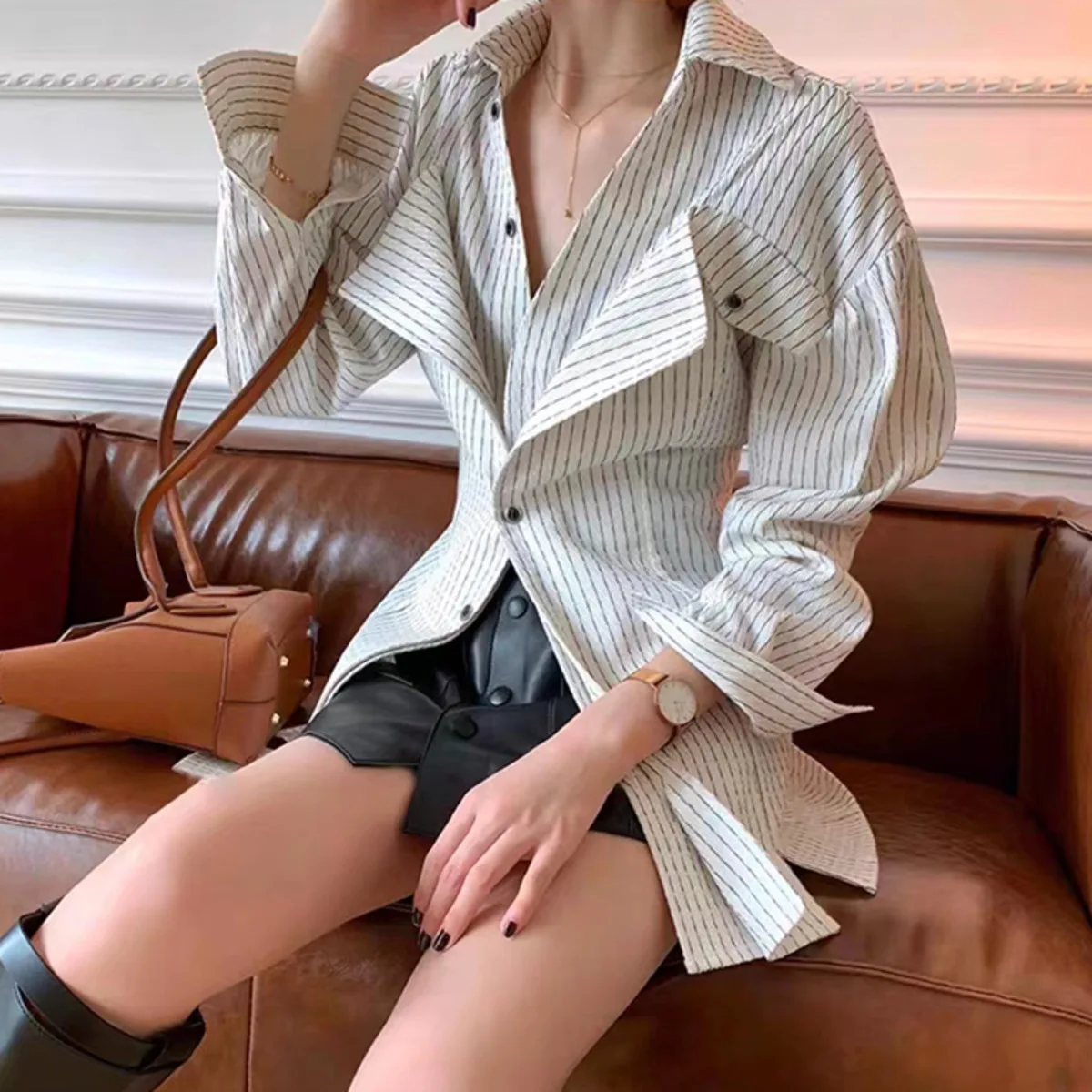 KWTX 2025 New Fashion French Elegant Striped Shirt Women's Fake Two-Piece Design Blouse Chic Office Casual Trendy Versatile Tops