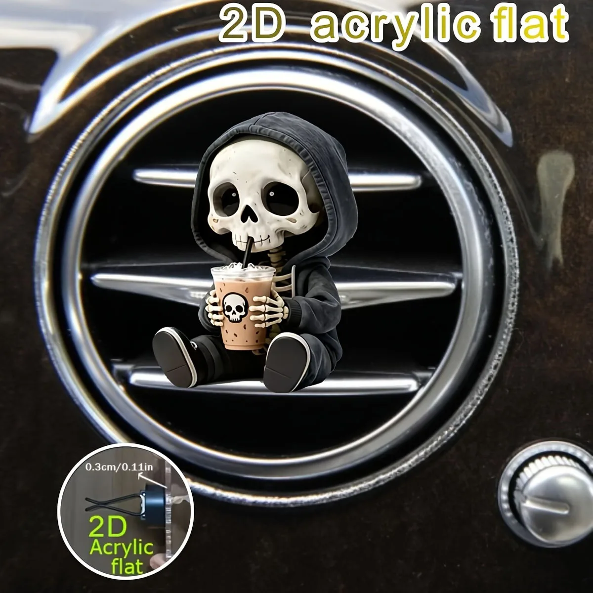 2D Flacher Totenkopf Milchtee Lüftungsdekor, Lustiges Auto-Innenzubehör, Halloween-Must-Have-Ornament – Detail 6