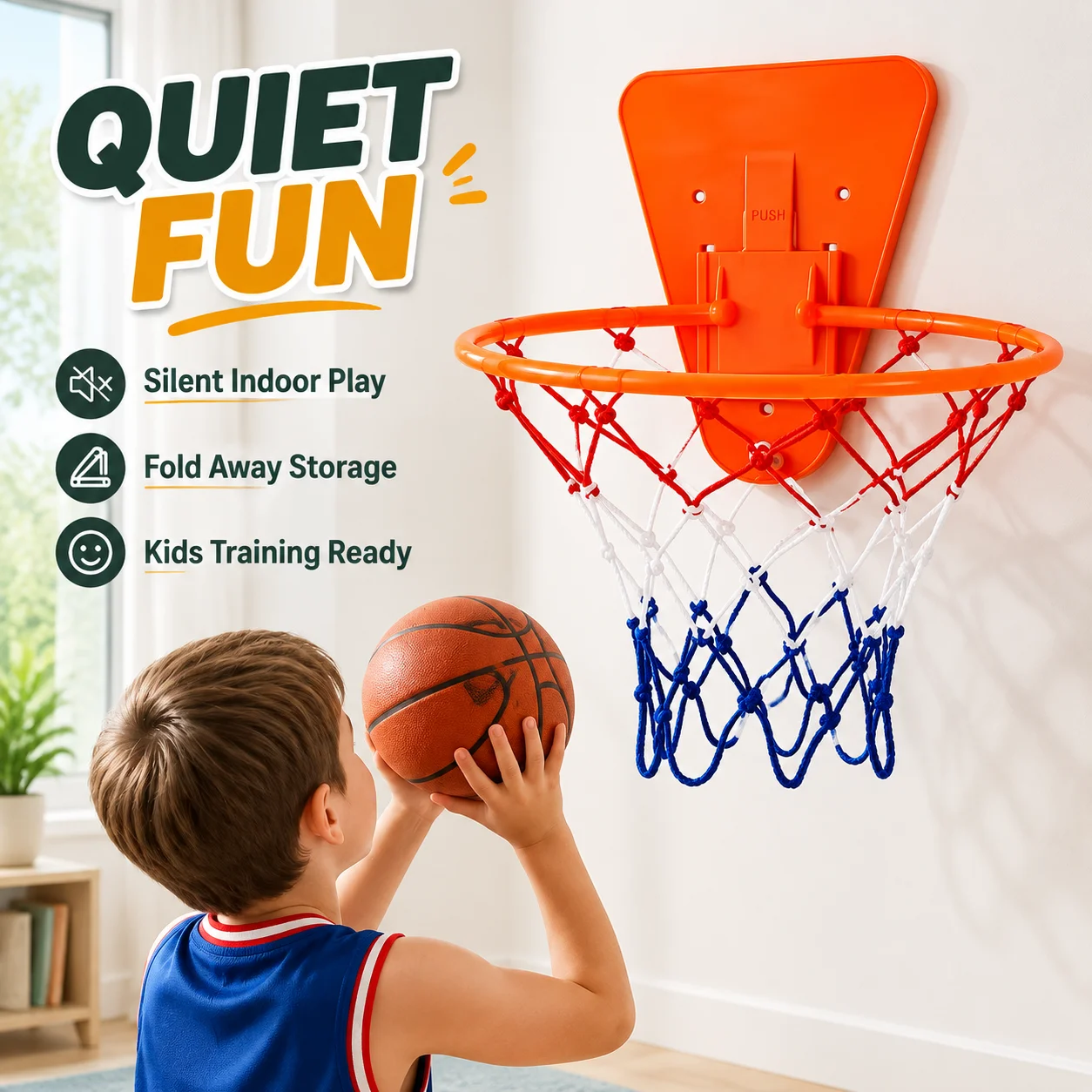 Foldable Wall Mounted Basketball Hoop for Kids Indoor Silent Mute Training, S 28cm L 34cm Inner Diameter