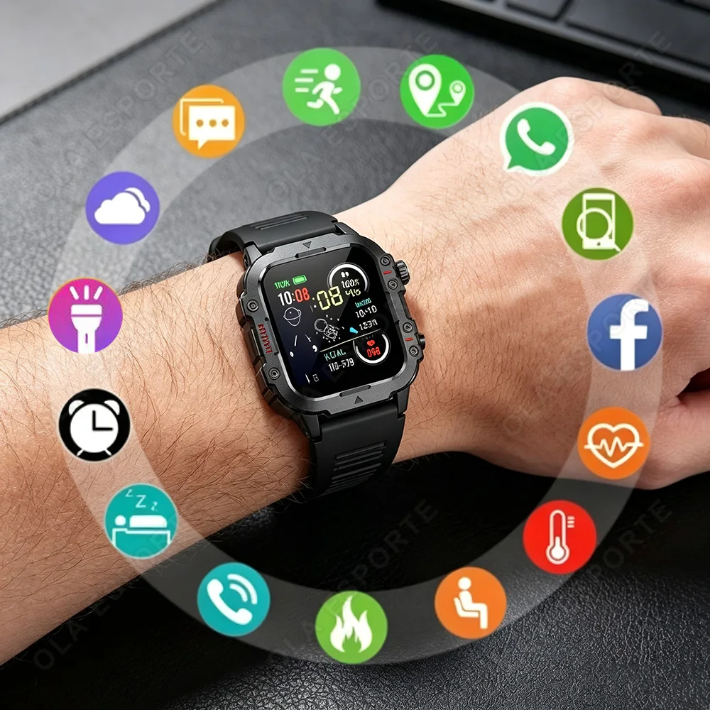 Montre connectée militaire robuste 2026 pour homme, montre d'extérieur avec lampe torche LED, écran tactile HD 1,44'', appel vocal Bluetooth, smartwatch HW12