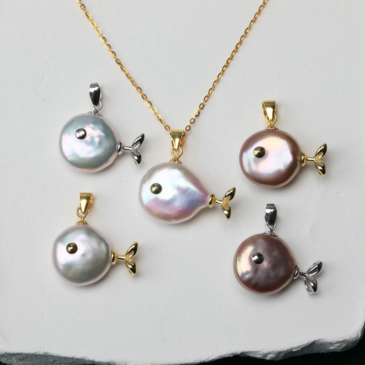 Handmade Natural White Button Water Droplet Freshwater Baroque Pearl Small Fish Pendant S925 Sterling Silver Necklace Jewelry