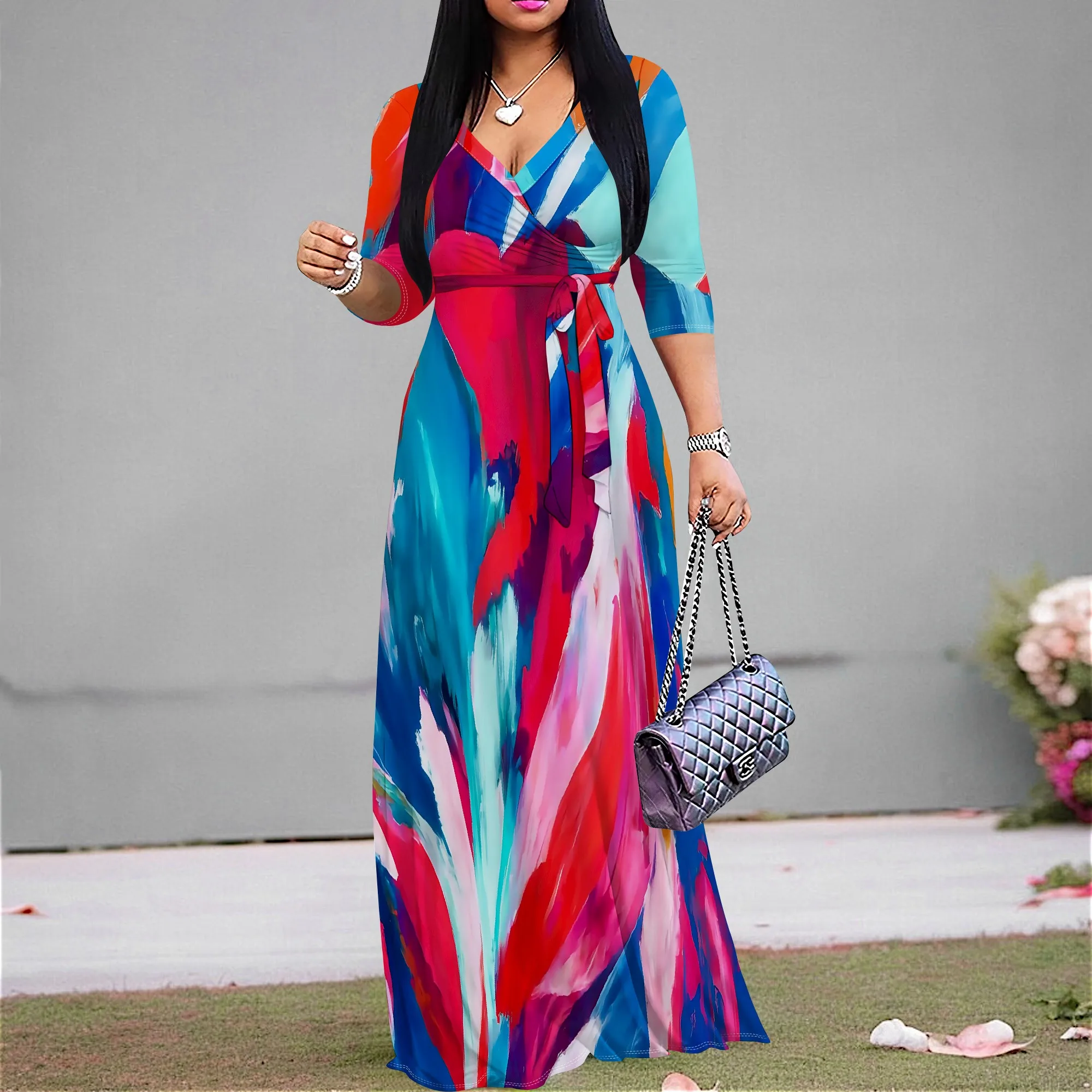 

Abstract Print Wrap Maxi Dress S‑3XL V-Neck Style with Tie Waist & 3/4 Sleeves for Art Show, Summer Brunch or Pride Parade Look