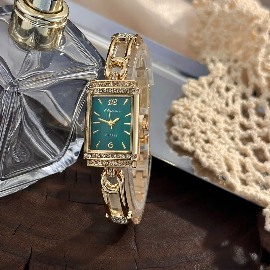 موضة جديدة دبوس كوارتز ساعة نسائية فاخرة الحد الأدنى الراقية جولة قوس الزجاج الماس مرصع مربع ساعة اليد