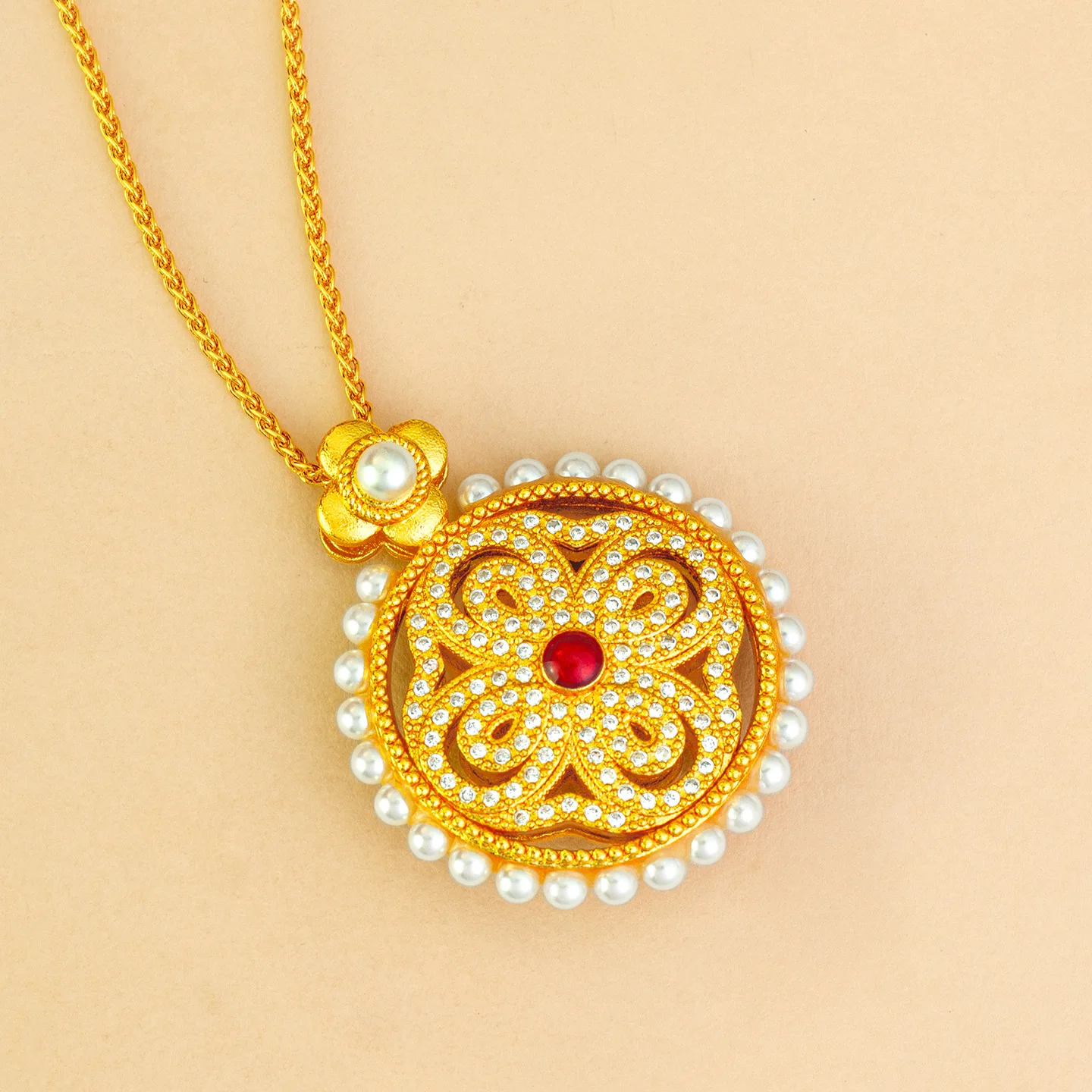 

Luxury 24K 9999 Pure Gold real gold Hollow Point Drill Pearl Round Brand Pendant Clavicle Chain