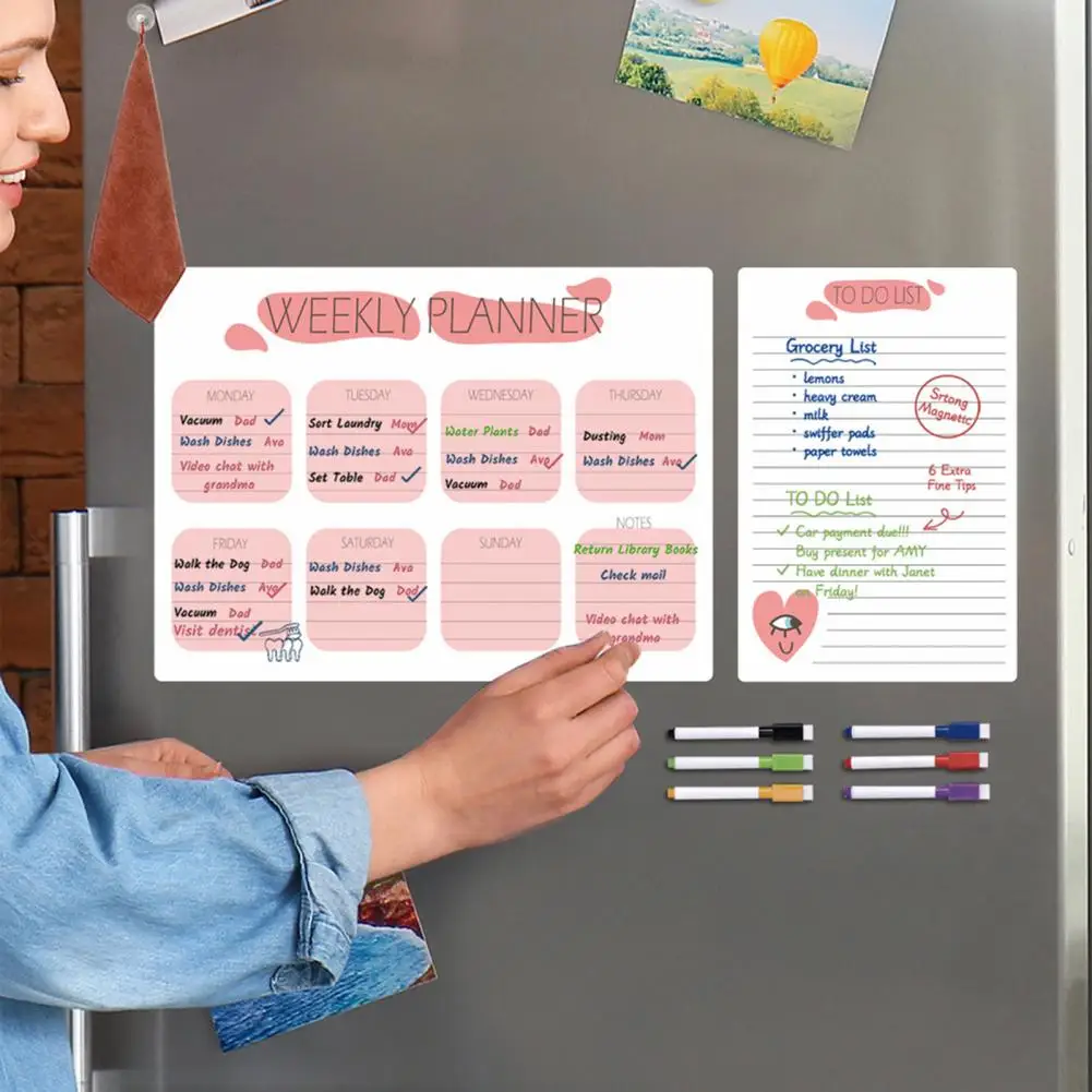 Reusable Fridge Planner Efficient Weekly Planning Scratch-proof Magnetic Fridge Calendar Kit with Pens Organize Schedule Stay