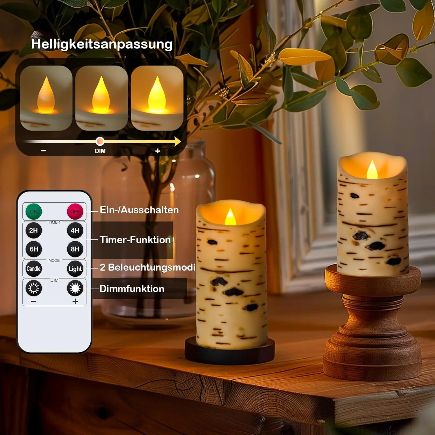 Flameless Candles Battery Operated Set of 3 Birch Bark LED Pillar Candles with Remote 3D Moving Wick Electric Decorative Candles