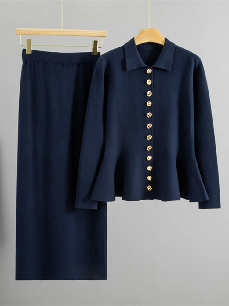 Elegant Women's Casual Knitted 2 Piece Set Polo Neck Single Breasted Button Sweater Conjuntos High Waisted Slim Skirt Outfit ﻿ view 2