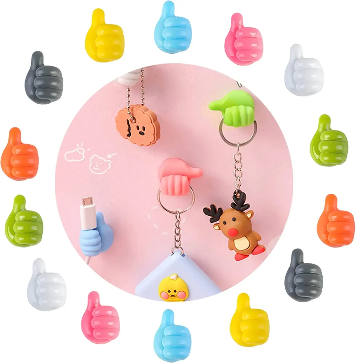 

15Pcs Creative Thumbs Up Shape Wall Hook Colorful Multifunctional Thumb Wall Hook for Data Cable Earphone Belt hat Key Storage