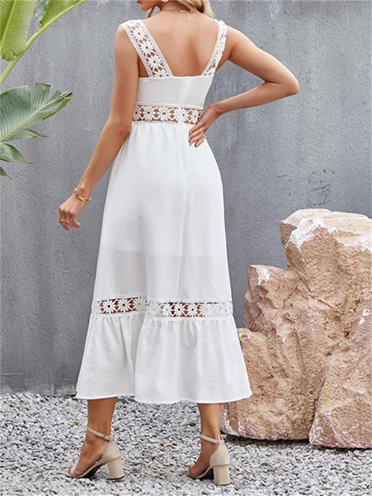 Summer Dress for Women Boho White Dress Female Sexy Hollow Out Sleeveless Midi Dress Lady Off Shoulder Elegant Beach Long Dress